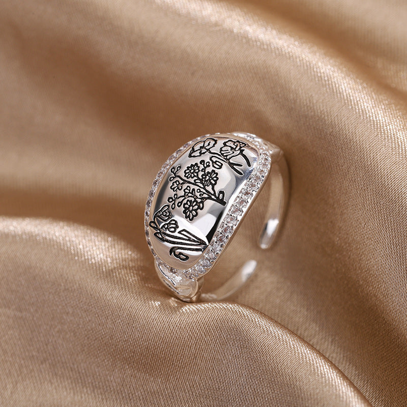 Geometric Flower and Grass Ring for Women Silver Copper Electroplated Adjustable Opening Size 12mm Wide 16mm Diameter