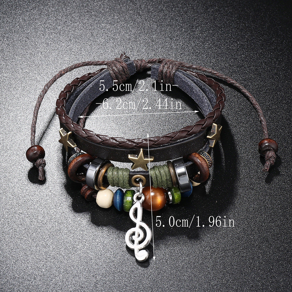 Unisex Leather Bracelet Multi Layer Beads Bracelet Adjustable Length Fashion Wristband Geometric Bracelet Pull