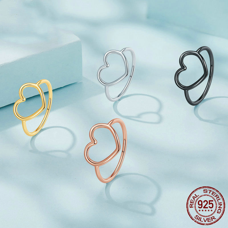 Womens Heart Ring S925 Sterling Silver Hollow Heart Design Gift For Women Girls Heart Jewelry Silver Tone Glow