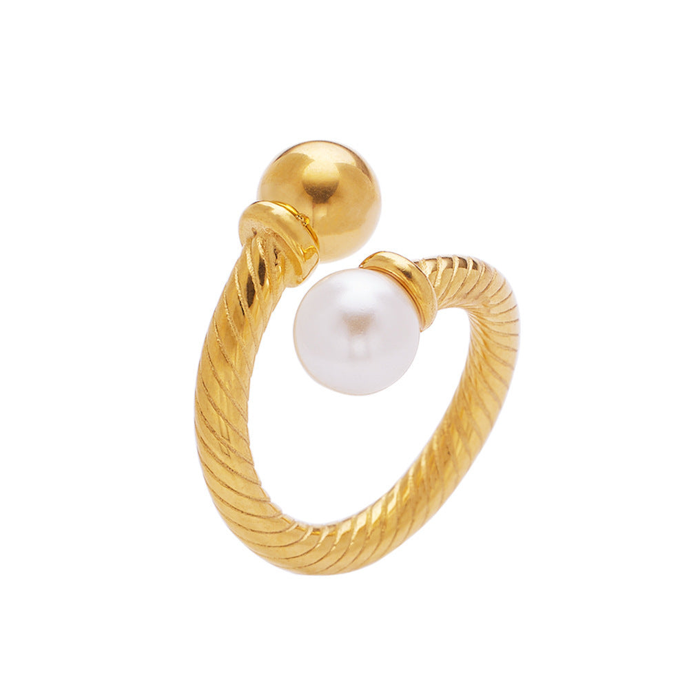 Geometric Freshwater Pearl Ring in Gold Tone Titanium Steel for Women Hypoallergenic Elegant Fashion Accessory