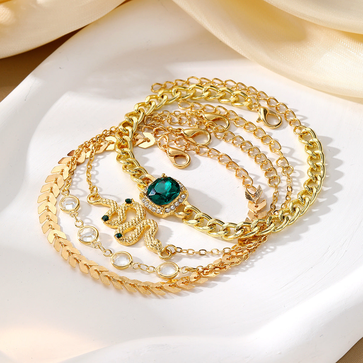 Women Emerald Green Bracelet Set Square Diamond Snake Design Electroplated Zodiac Gift Travel For Travel Lovers