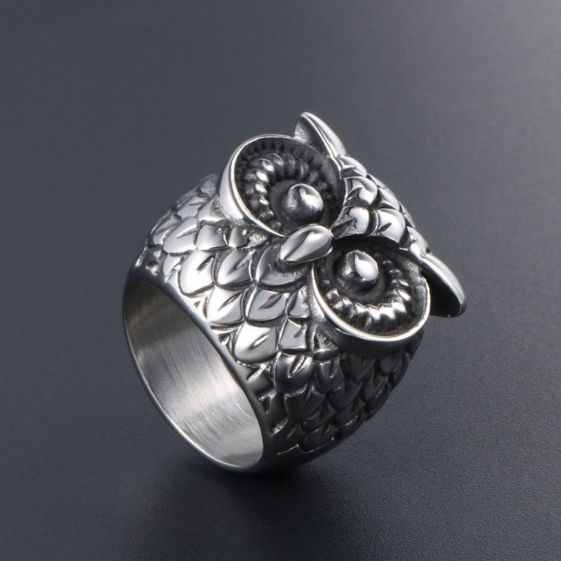 Mens Unisex Owl Ring Titanium Steel Polished Ornament Punk Fashion Retro Animal Image Rings Hand Ornament Punk