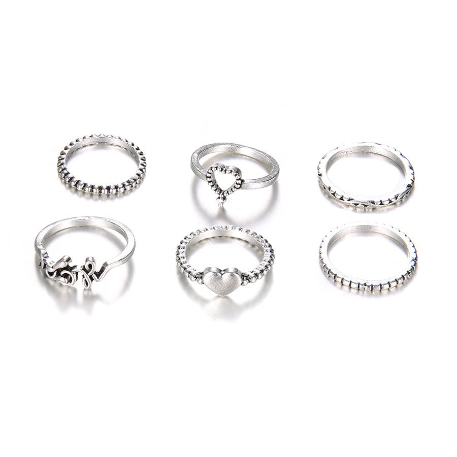 Retro Carved Five Piece Ring Set for Women Geometric Alloy White Electroplated Knuckle Rings Elegant Vintage Style