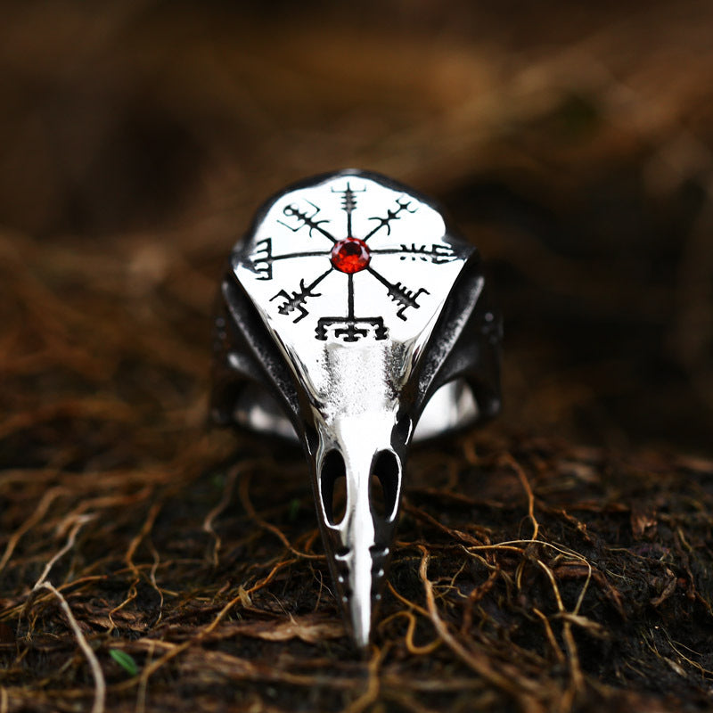 Men's Viking Crow Ring with Inlaid Jewel Vintage Compass Design Titanium Steel Animal Retro Ring for Him Fashion Jewelry Gift