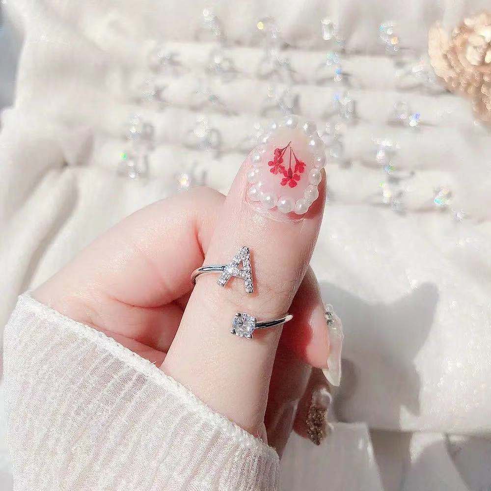 Women's Initial Alphabet Zircon Ring Open Mouth Adjustable Design A to Z Letter Jewelry Gift for Her Gifts for Her