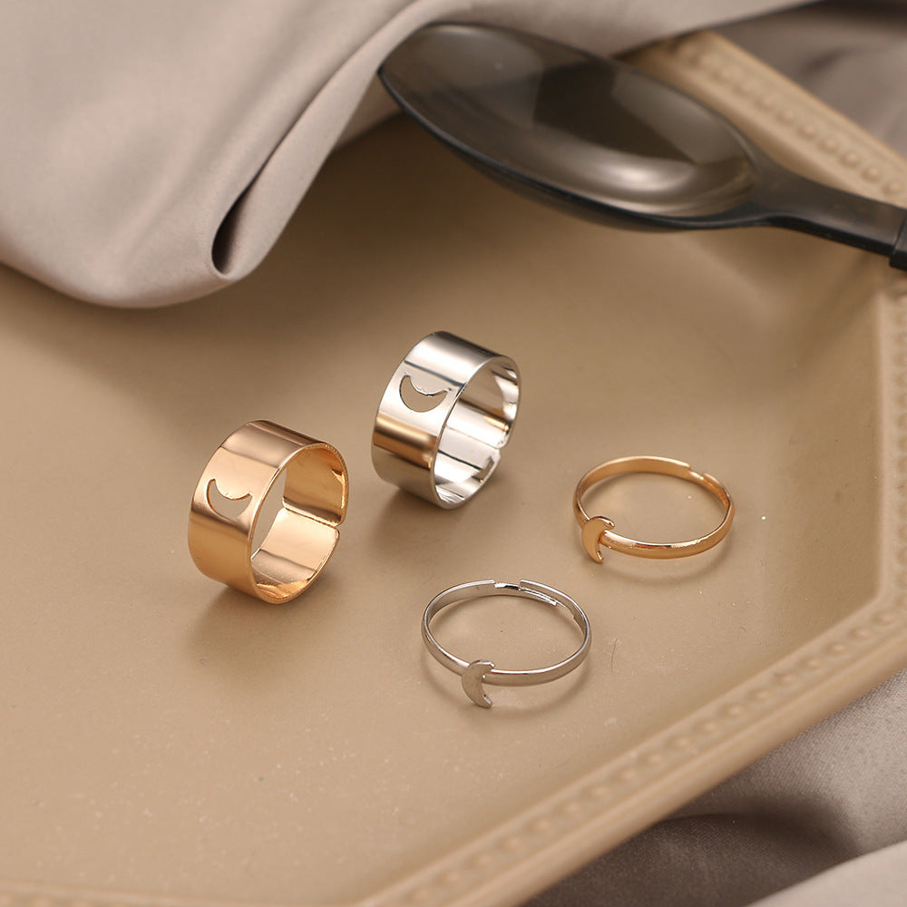 Couple Geometric Star Moon Rings Set Adjustable Alloy Celestial Punk Rings For Women And Men Fashion Statement