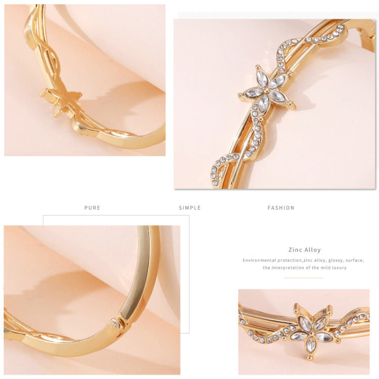 Womens Diamond Studded Bracelet Rhinestone Alloy Flower Design Electroplated Jewelry Elegant Accessory For Daily Wear