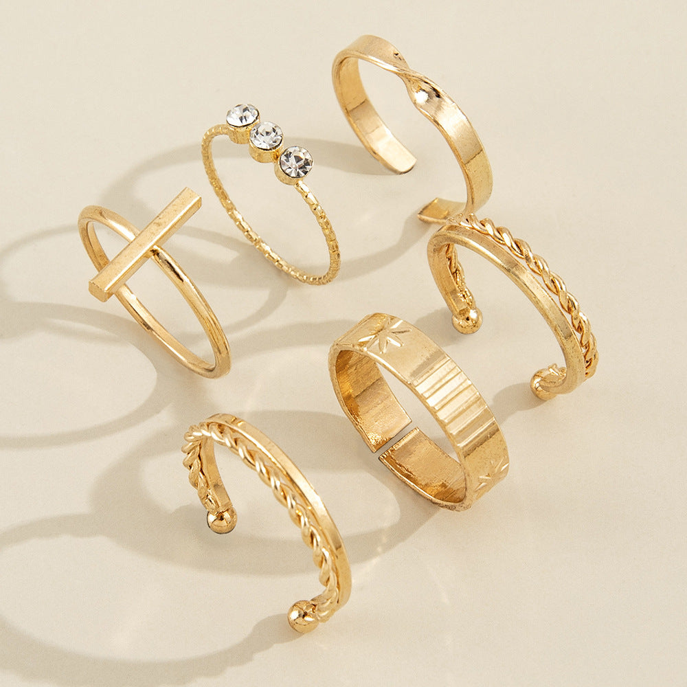 Womens Alloy Ring Set Six Piece Fashion Rings With Geometric Star And Diamond Accent European American Jewelry