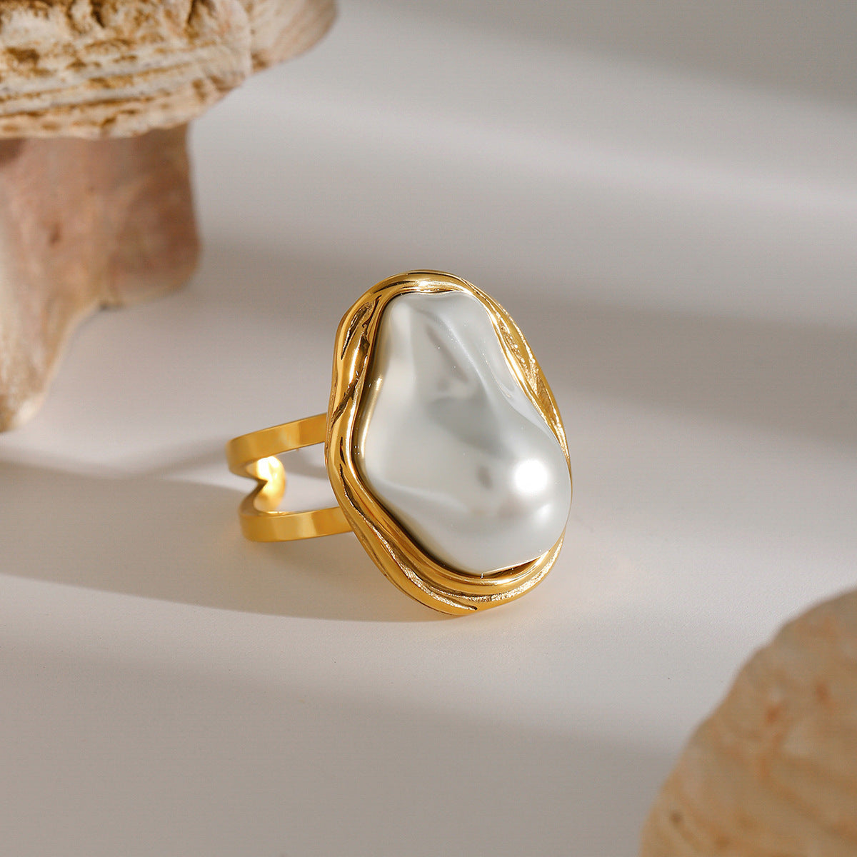 Gold Ring With Pearl Stainless Steel Adjustable Geometric Jewelry For Her Original Design Elegant Everyday Use