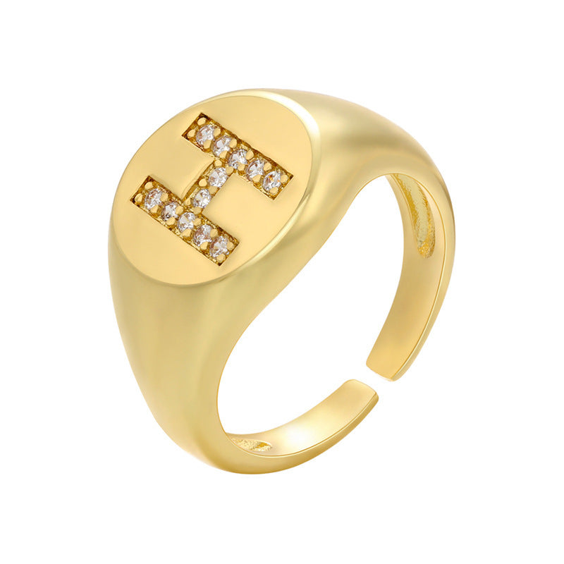 Women Adjustable Initial Ring Wide Band Gold Tone Diamond Accent Personalized Alphabet Jewelry Gift Daily Wear