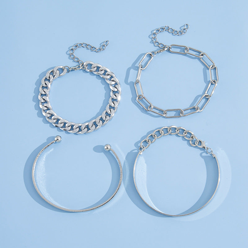 Womens Four Piece Alloy Bracelet Set With Geometric Charms And Love Letter Design In Golden And Silver Plating