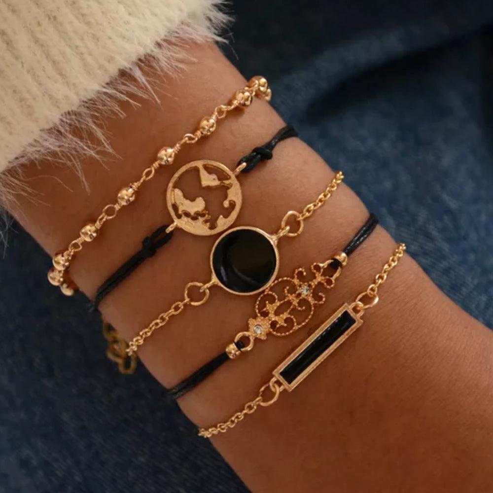 Five Piece Alloy Bracelet Set Bangle With Dripping Oil Rectangular Diamond Map And Letter Number Text Design Style