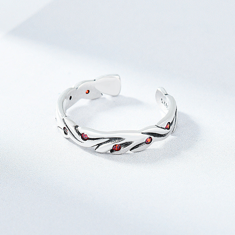 Korean Leaf Sterling Silver Ring Inlaid Red Diamond Retro