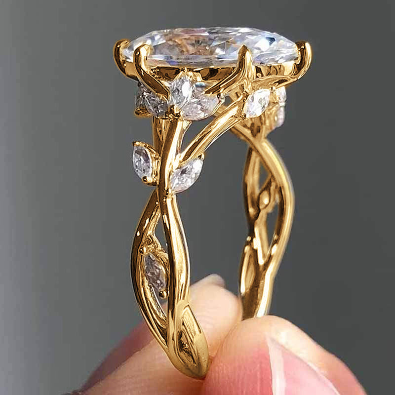 Zircon Ring Female Court Leaf Vine Design Inlaid Zircon Copper Band Leaves White Blue Red Green Purple Size Six