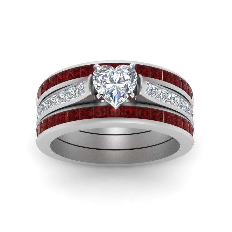 Couple Ring Set In Heart Ruby Accent And Diamond Inlay Trendy Matching Alloy Bands For Him And Her Anniversary
