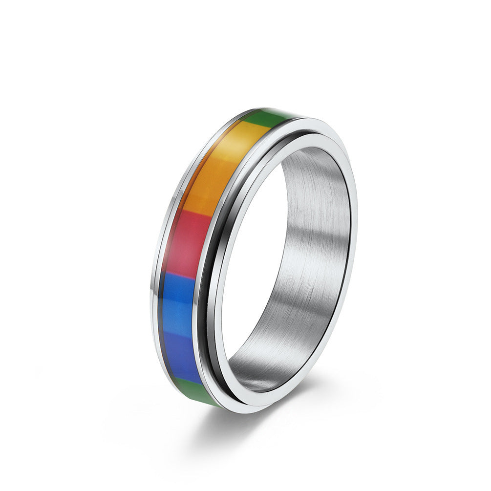 Unisex Rainbow Ring Titanium Steel Band Gold Black Electroplated Gift For Him Or Her Colorful Rainbow Finish Up