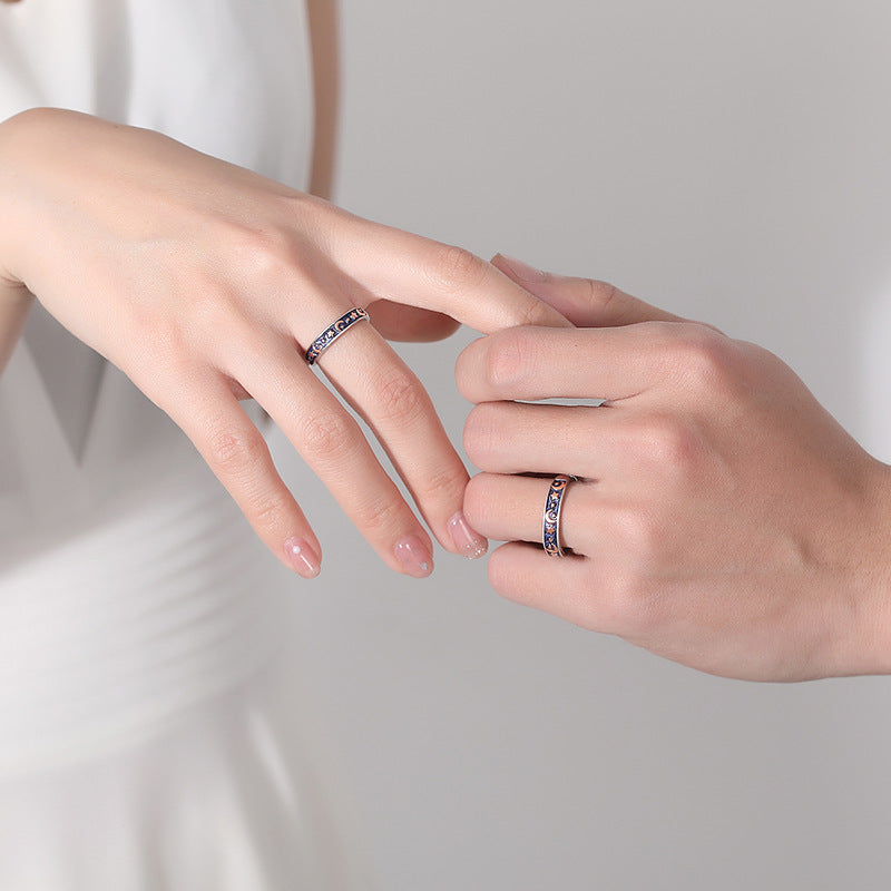Sterling Silver Couple Ring Sun Moon Galaxy Adjustable Celestial Inspired Design Three Layer Electroplated Custom