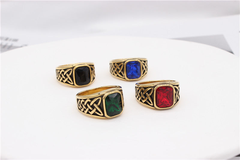 Viking Pattern Gemstone Titanium Steel Ring for Men