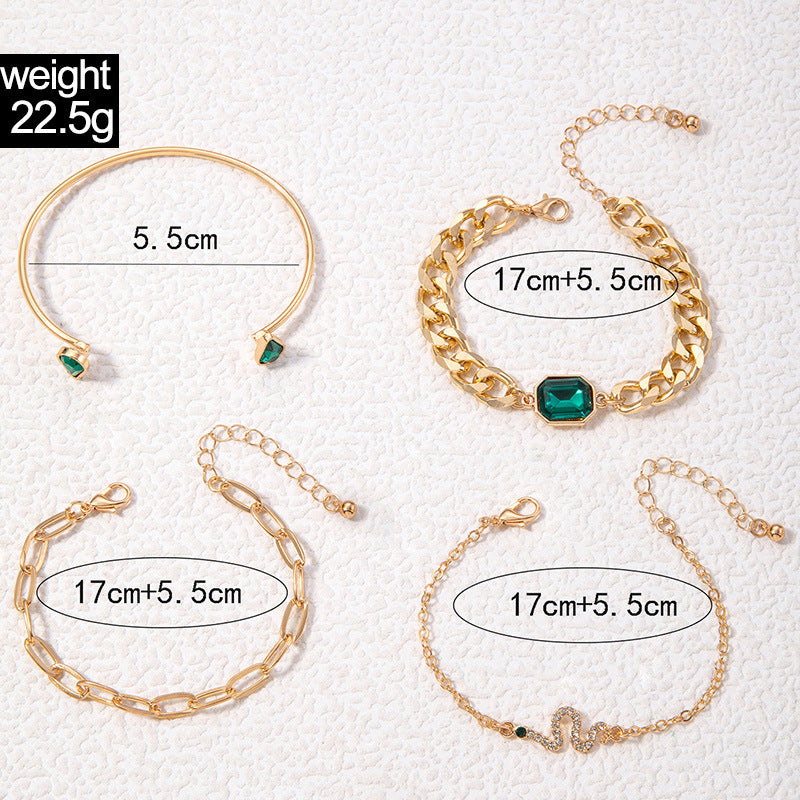 Geometric Alloy Bracelet Set Green Diamond Inlay Multi Layer Gold Tone Jewelry 4 Pcs For Women Fashion Jewelry