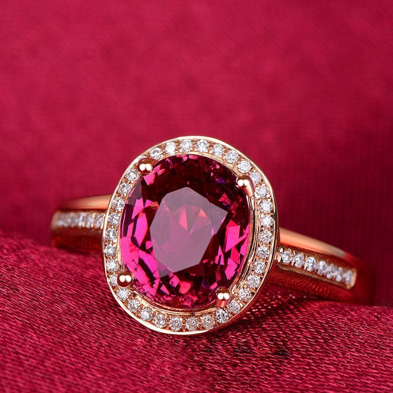 Red Crystal Ruby Gemstone Ring With Diamonds Geometric Mosaic Design In Rose Gold Copper For Everyday Wear And Occasions