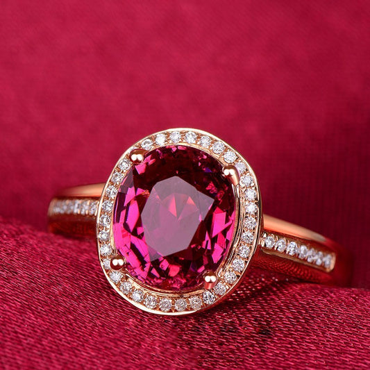 Red Crystal Ruby Gemstone Ring With Diamonds Geometric Mosaic Design In Rose Gold Copper For Everyday Wear And Occasions