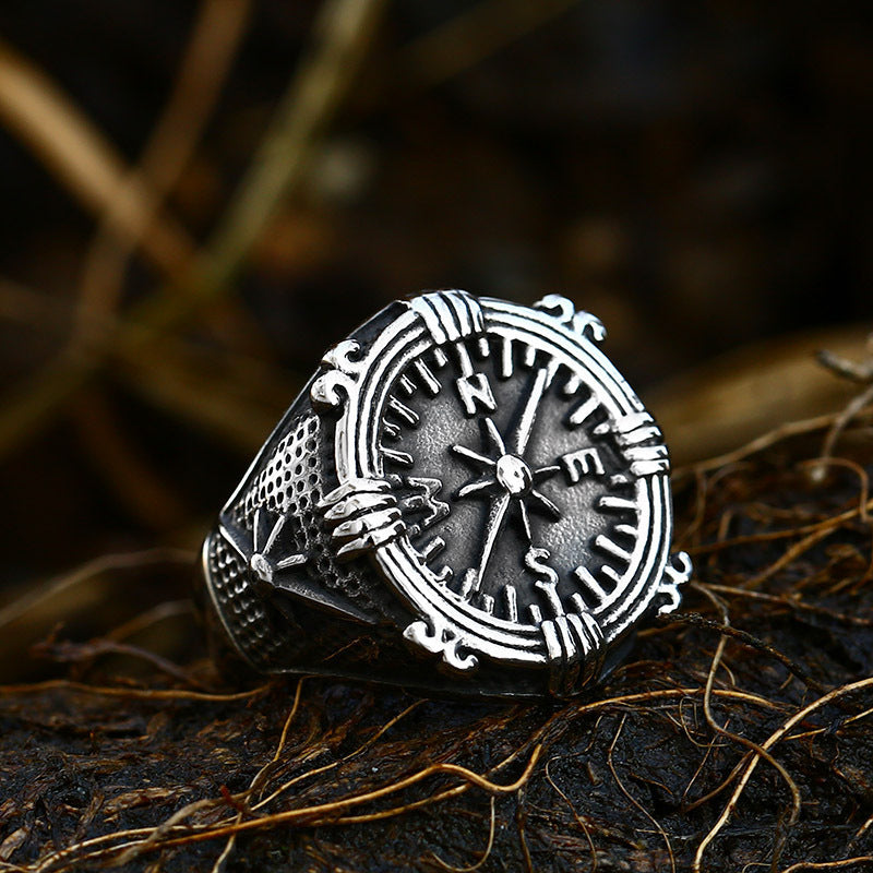 Vintage Compass Titanium Steel Ring Unisex Retro Boat Anchor Design For Men US Ring Sizes 7 8 9 10 11 12 13 US