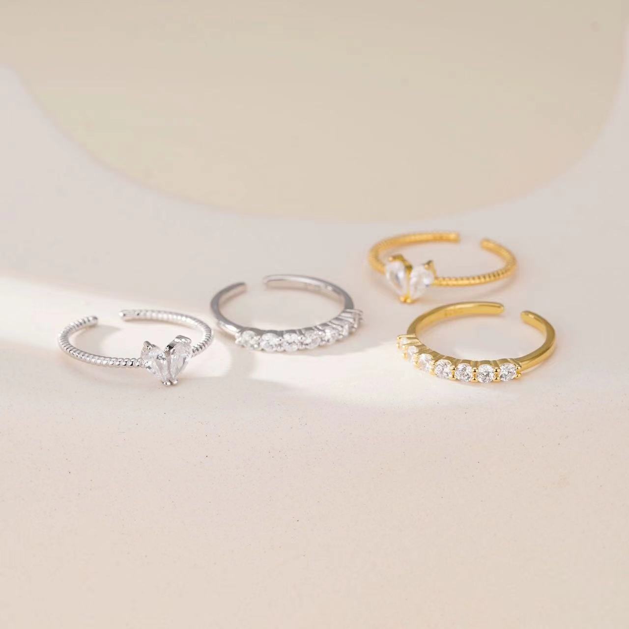 Womens Heart Ring S925 Sterling Silver Adjustable Open Ring French Design Love Heart Ring for Her Fashion Jewelry Gift for Women and Girls