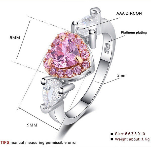 Womens Heart Ring With Zircon Gemstone Inlay White Gold Tone Alloy Jewelry Peach Heart Prong Setting For Her Gift