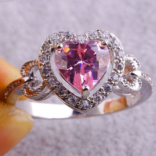 Womens Fashion Trend Electroplated Zircon Ring Copper Platinum Plated Pink Colorful Style Fashion Simplicity Ring