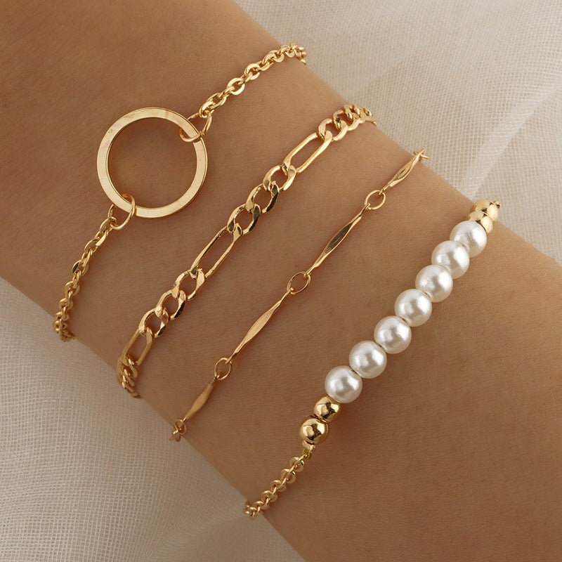 Unisex Pearl Bracelet Set Four Piece Copper Chain Alloy ABS Pearl Design Adjustable Length Gold Tone Everyday Wear