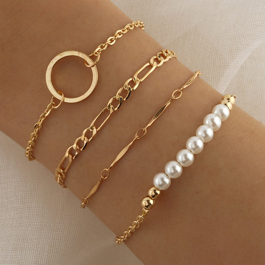 Unisex Pearl Bracelet Set Four Piece Copper Chain Alloy ABS Pearl Design Adjustable Length Gold Tone Everyday Wear