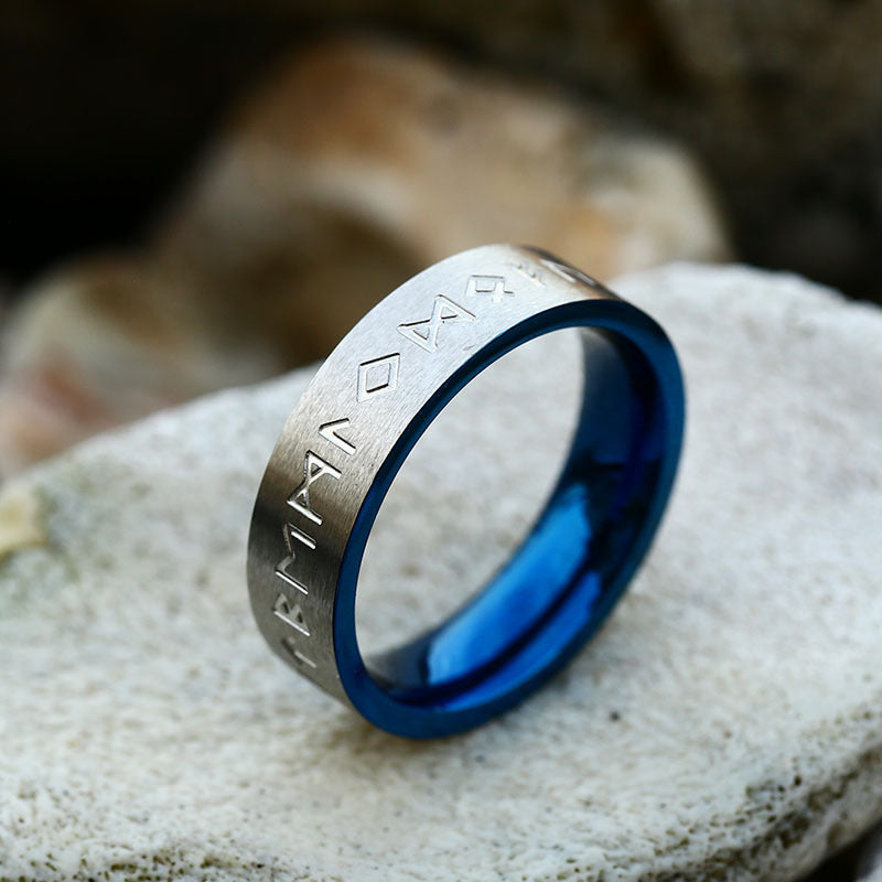 Unisex Stainless Steel Viking Letters Ring With Gold And Blue Finishes 6mm 8mm Jewelry Sizes 7 8 9 10 11 12 13
