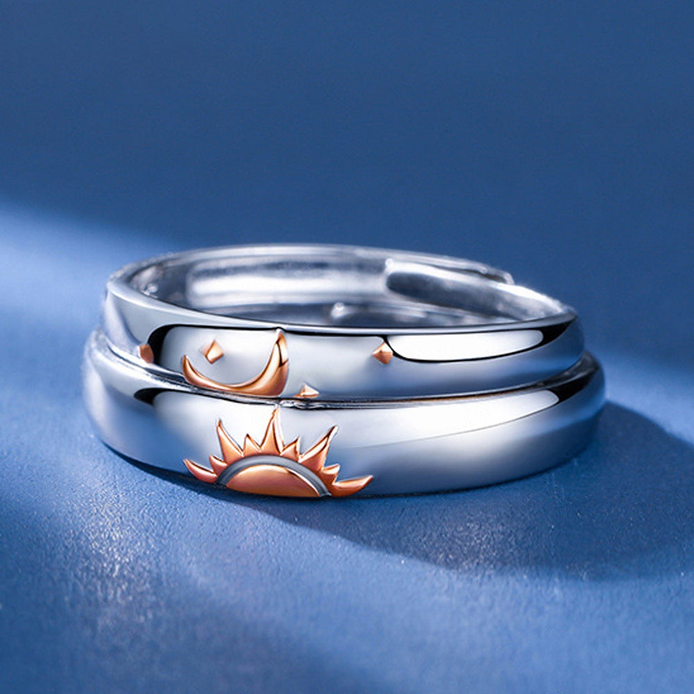 Sterling Silver Geometric Couple Rings With Zirconia Inlay Open Polished Electroplated Matching Wedding Bands Set