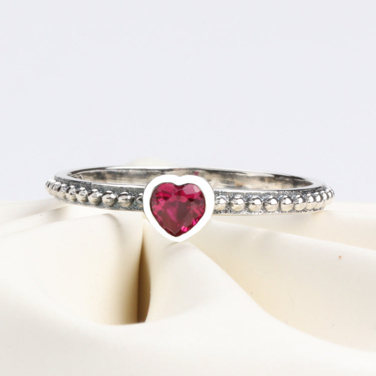 Heart Ring Silver Plated Copper White Diamond Rose Red Pink