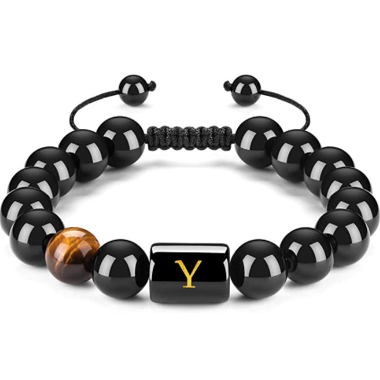 Mens Natural Black Agate 10mm Beads Handmade Initial Letter Bracelet Personalized Gift for Men Letter A Shape Letter