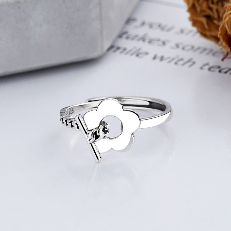 Sterling Silver Ring Korean Flower Chain Design Adjustable Opening Distressed Geometry Ring For Women About Two Grams