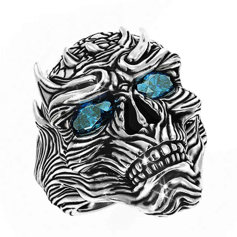 Exotic Skull Ring With Blue Eyes Aluminum Alloy Electroplated Inlaid Fashion Accessory Statement Ring For Men Style