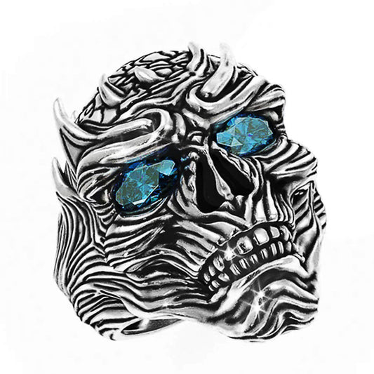 Exotic Skull Ring With Blue Eyes Aluminum Alloy Electroplated Inlaid Fashion Accessory Statement Ring For Men Style