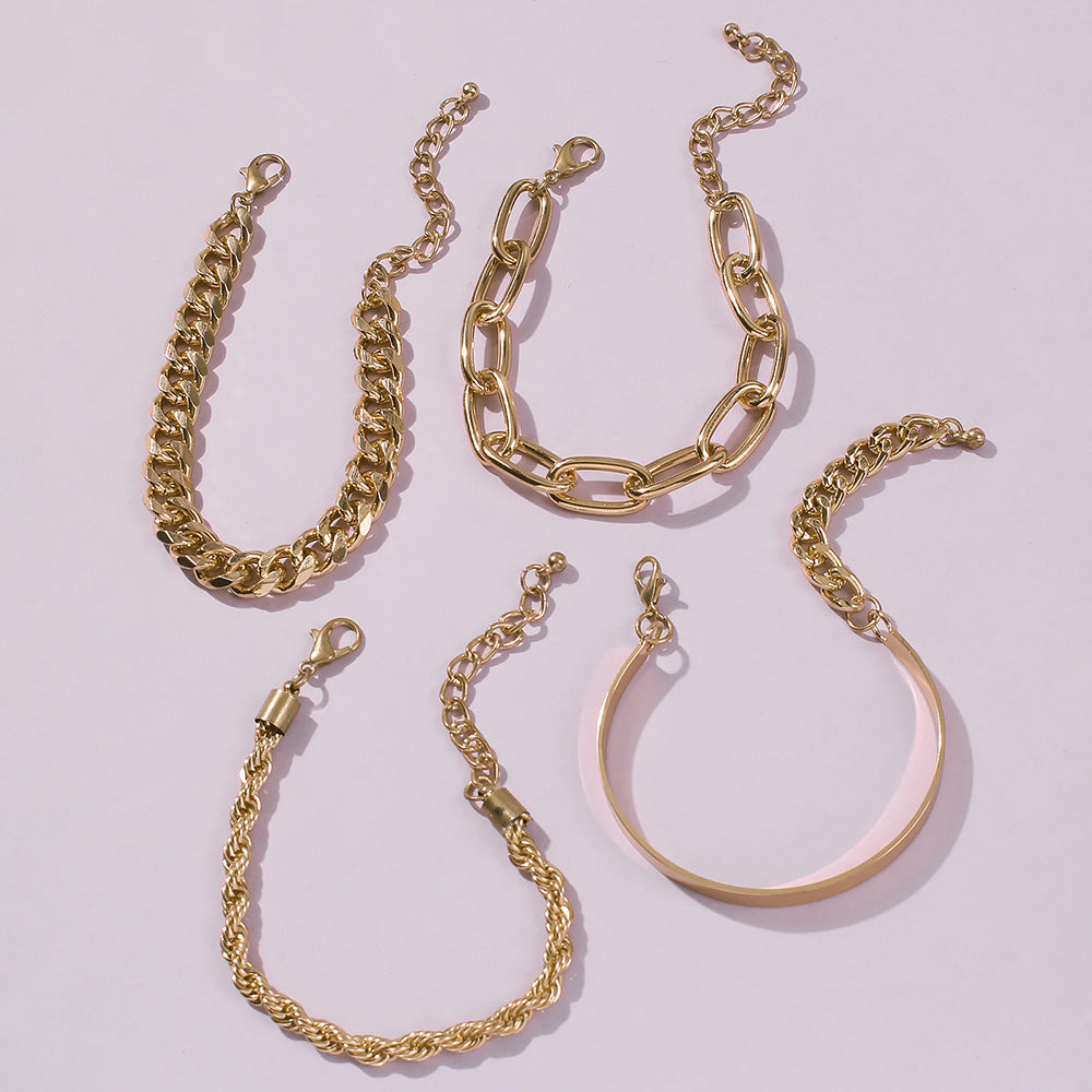 Exaggerated Thick Alloy Bracelets Four Piece European Design Gold White Adjustable Chain For Women Ladies Gift Idea