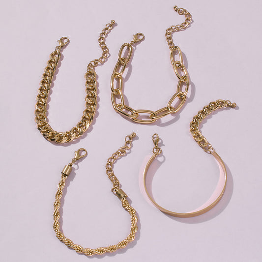 Exaggerated Thick Alloy Bracelets Four Piece European Design Gold White Adjustable Chain For Women Ladies Gift Idea