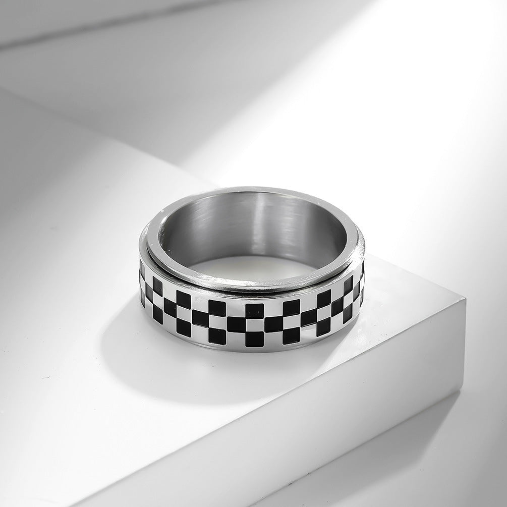Unisex Stainless Steel Checkerboard Swivel Ring Black White Checkered Fidget Band 8mm Wide Durable Jewelry Accessory