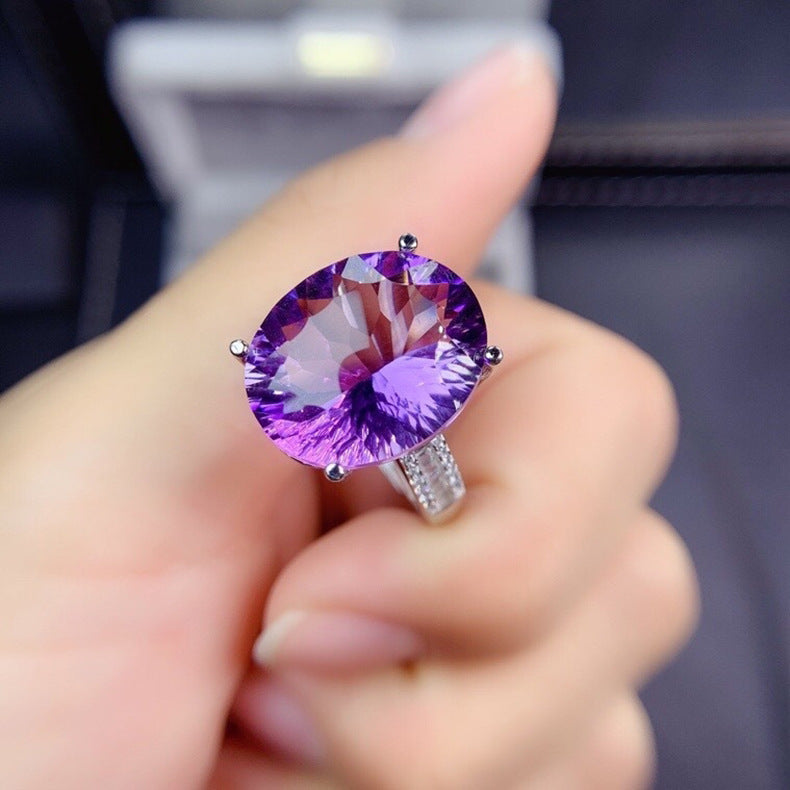 Womens Deep Purple Zircon Amethyst Ring Copper Adjustable Opening Elegant Gemstone Jewelry Enhanced Shine Tone