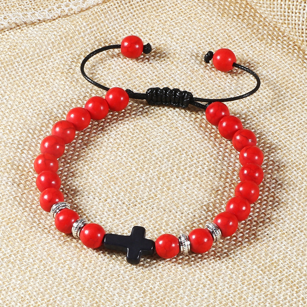 Unisex Woven Stone Bracelet With Cross Adjustable Bohemian European American Style Gift For Men Women Fashion Accessory