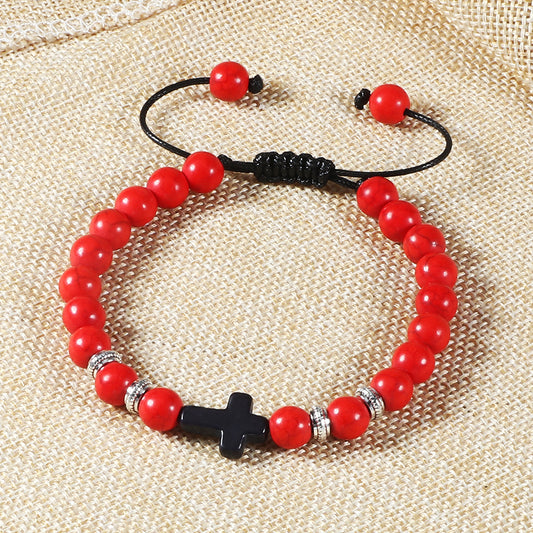 Unisex Woven Stone Bracelet With Cross Adjustable Bohemian European American Style Gift For Men Women Fashion Accessory