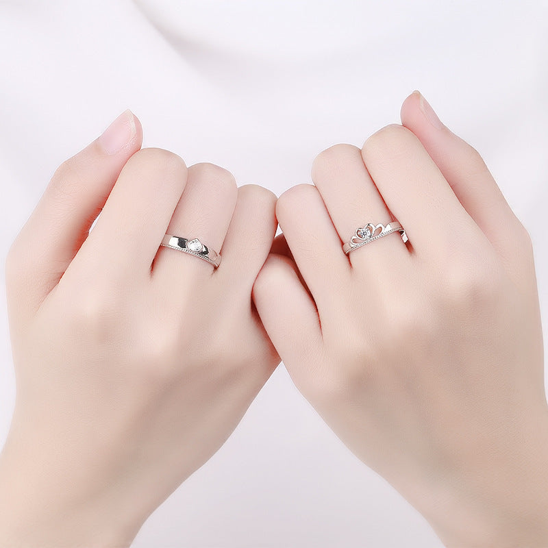 Sterling Silver Crown Couple Ring Adjustable Opening For Men And Women Fashion Jewelry Nation Style Gem Inlays