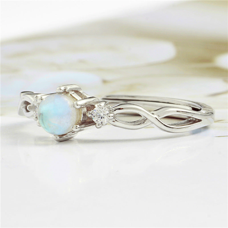 Womens Moonstone Sterling Silver Inlay Ring With Open Adjustable Band Wave Point Design Perfect Gift For Her Everyday
