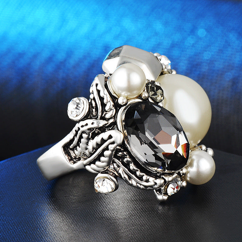 Pearl Rhinestone Gem Ring For Women Silver Tone Inlay Jewelry With Geometric Designs Sizes 6 7 8 9 Gold Plated