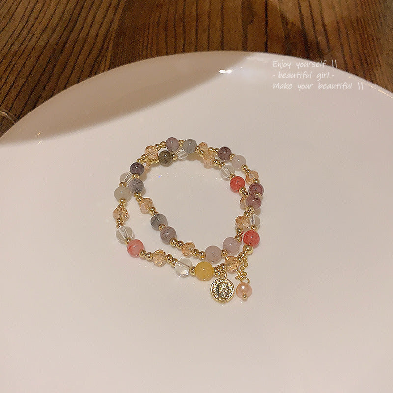 Womens Baroque Pearl Bracelet Portrait Round Double Layer Copper Electroplated Geometric Design 33cm For Women