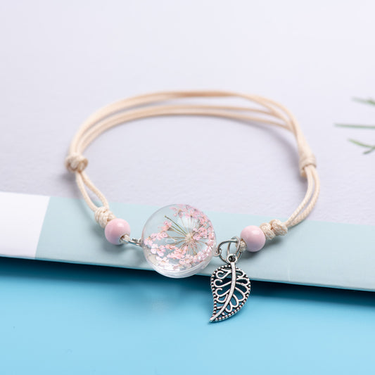 Womens Dried Flower Bracelet With Glass Ball Korean Leaf Design Alloy Herbarium Dandelion Clover Charm Elegant