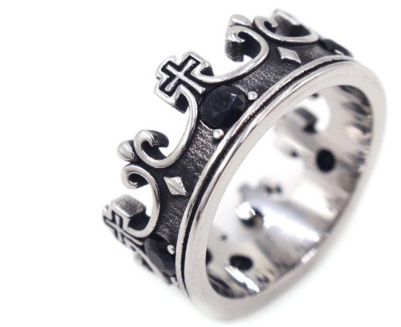 Mens Vintage Titanium Steel Ring 10mm Wide Band Crown Red Diamond Detail Durable Fashion Jewelry Gift Worth It